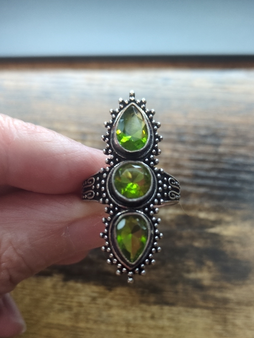 Green Triple-Stone Teardrop Sterling-Style Ring